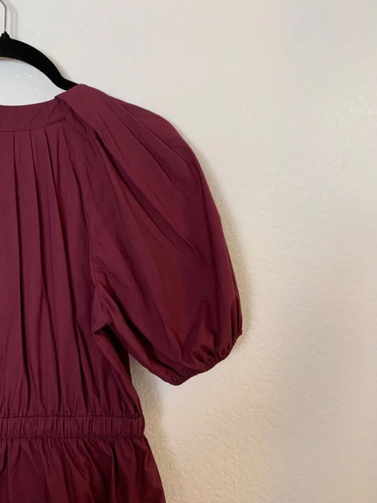 Ulla Johnson Olina Puff-Sleeve Tiered Cotton Poplin Dress Womens 8 Burgundy Boho - Picture 13 of 15